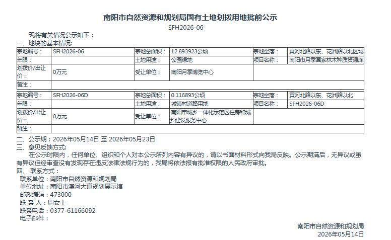 南阳市自然资源和规划局国有土地划拨用地批前公示SFH2026-06