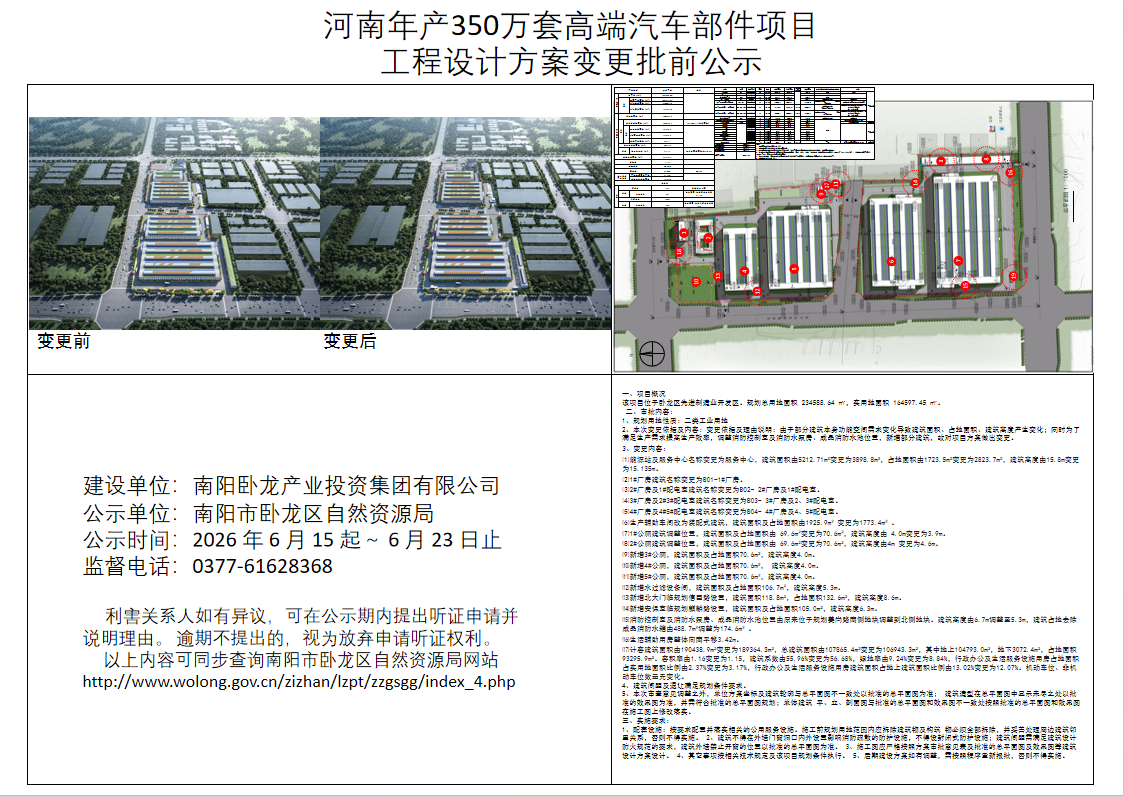 河南年产350万套高端汽车部件项目工程设计方案变更批前公示