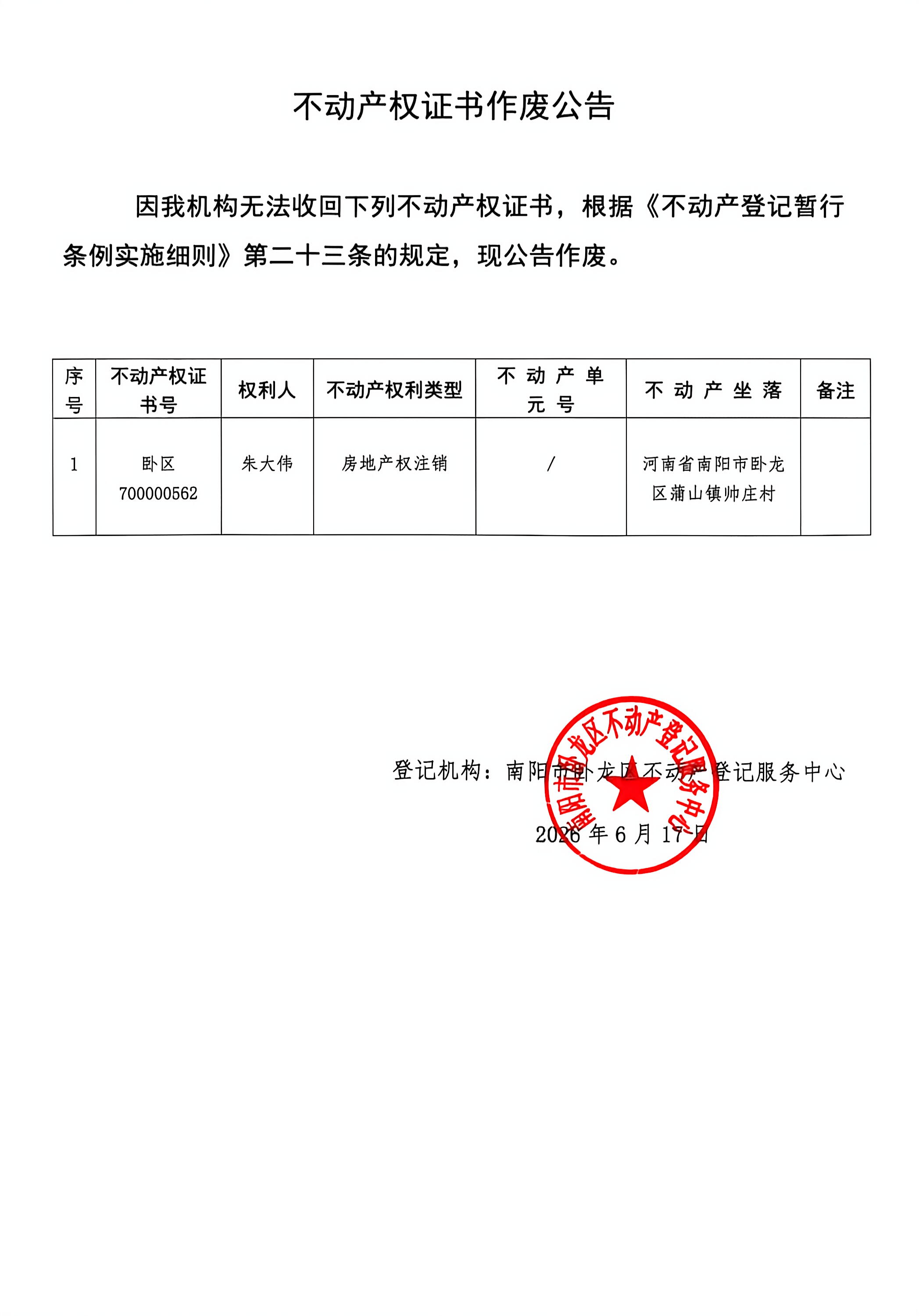 不动产权证书作废公告