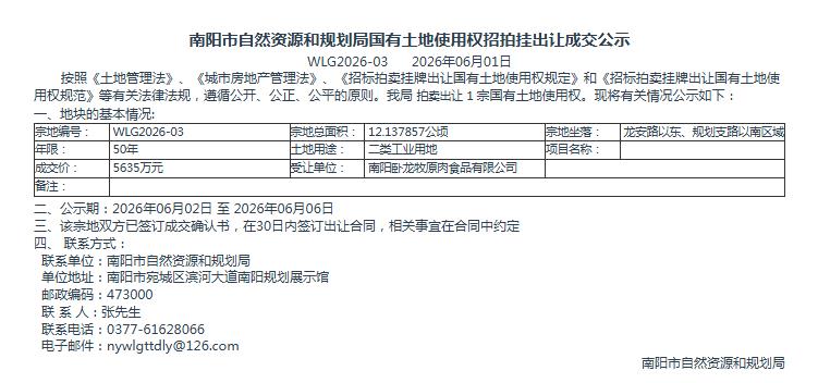 南阳市自然资源和规划局国有土地使用权招拍挂出让成交公示WLG2026-03